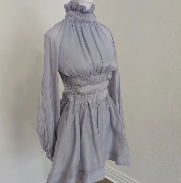 Zimmermann Lavender High-Neck Long-Sleeve Mini Dress - Picture 2 of 6